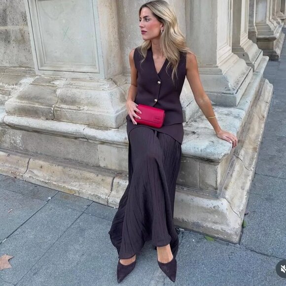 ZARA WOMAN NWT FW24 BROWN MIXED PLEATED KNIT SKIRT ALL SIZES  4192/016 - Picture 5 of 8